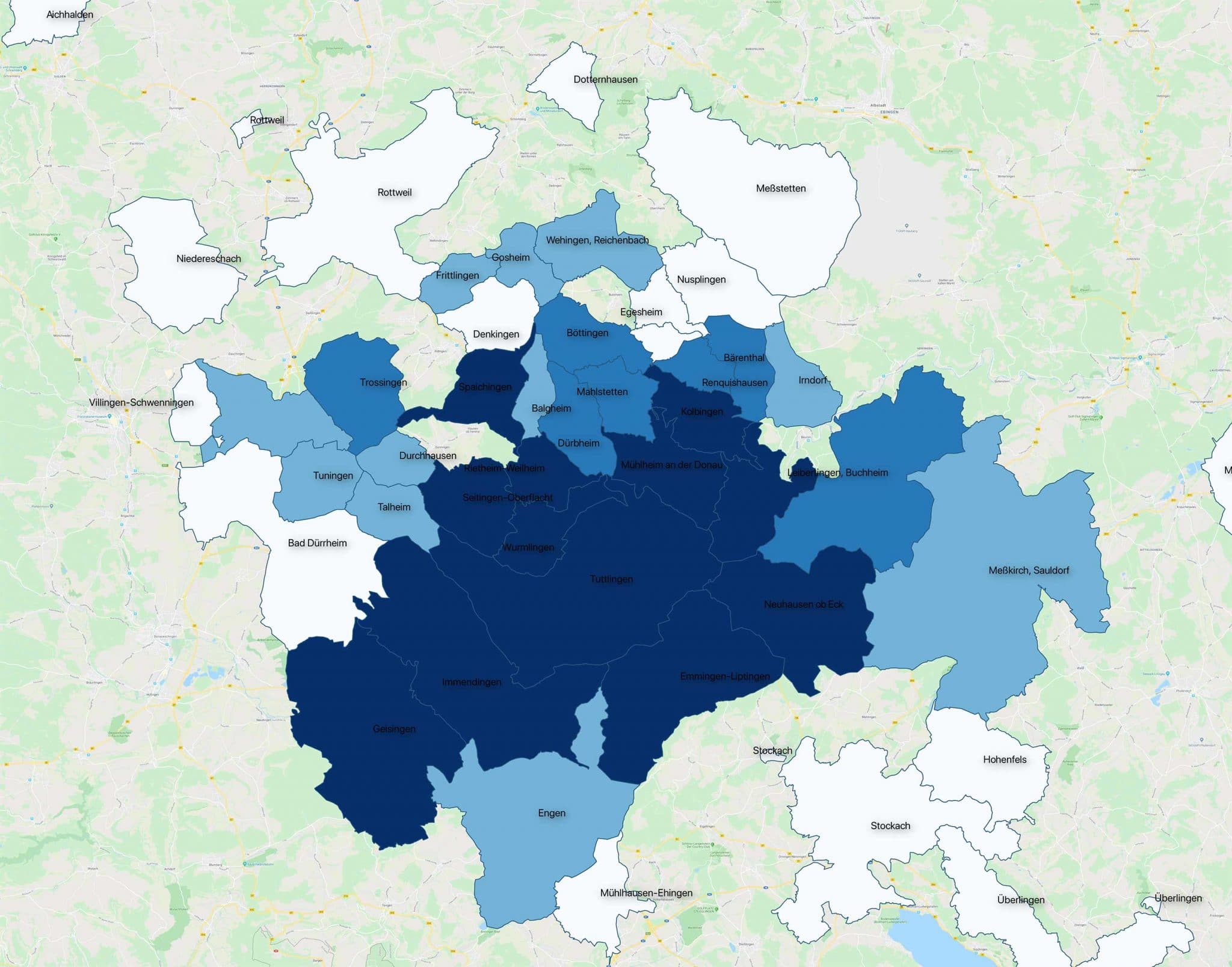 Aldingen Bad Dürrheim Bärenthal Bubsheim Buchheim Denkingen Dürbheim Durchhausen Egesheim Emmingen-Liptingen Engen Fridingen an der Donau Geisingen Gosheim Gunningen Hausen ob Verena Immendingen Irndorf Meßstetten Mühlhausen-Ehingen Neuhausen ob Eck Niedereschach Nusplingen Rietheim-Weilheim Rottweil Seitingen-Oberflacht Spaichingen Stockach, Meßkirch Talheim Trossingen Tuningen Villingen-Schwenningen Wehingen